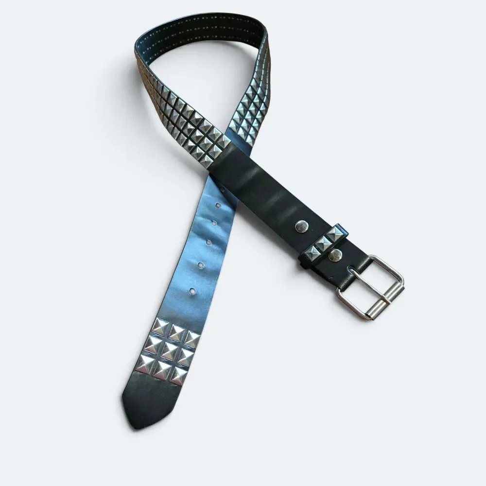 Y2K 3-Row Silver Pyramid Studded Black Faux Leather Belt Punk Emo Size L
